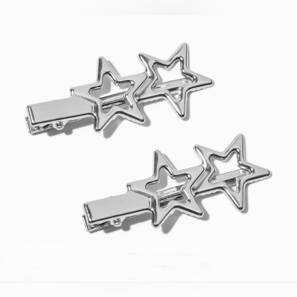 2pc Y2K Aesethic Silver Stars Hair Clips BNIB